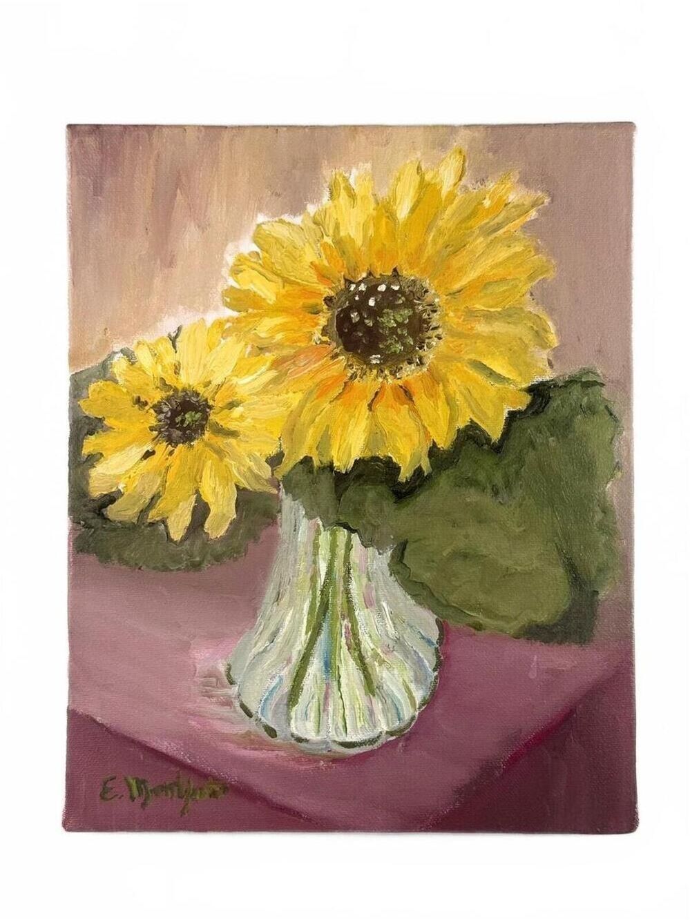 Vintage Oil Painting Still Life Impressionist Sunflowers Vase Edouard Montpetit